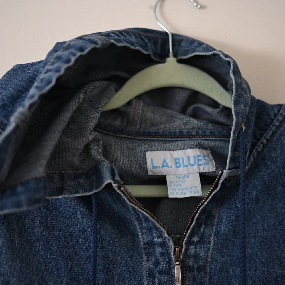 Vintage 90s LA Blues Hooded Denim Jacket Women’s 16/18 Y2K Zip Up - Picture 12 of 12